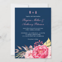 Royal Blue Pink Flower Garden Wedding Invitation