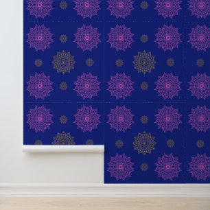 Royal Blue Pink & Gold Mandala Pattern Wallpaper
