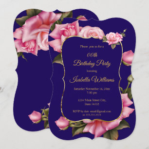 Royal Blue pink Rose floral Gold Birthday Party Invitation