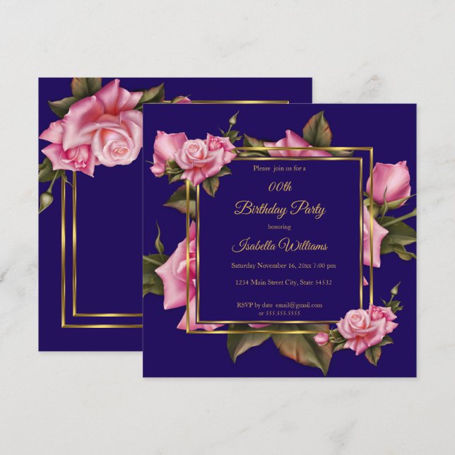 Royal Blue pink Rose floral Gold Birthday Party Invitation (Front/Back)