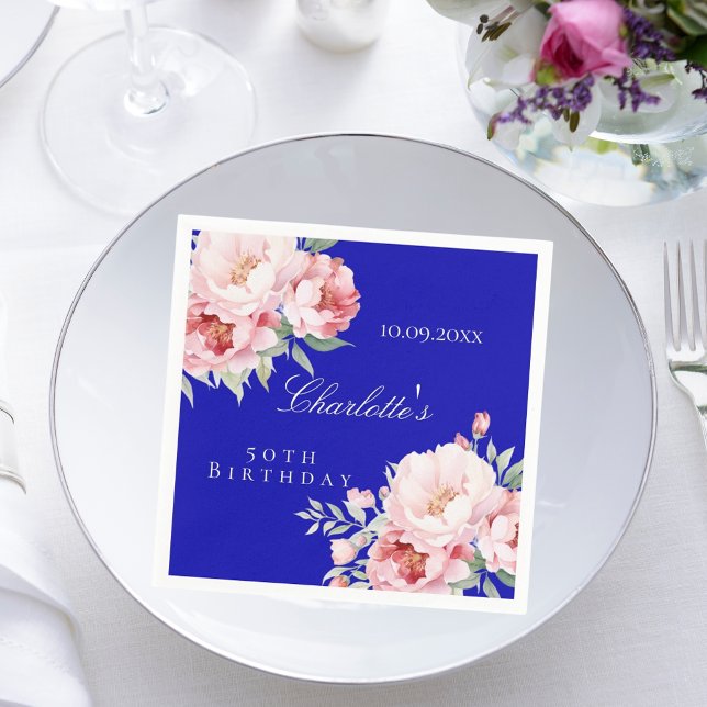 Royal blue pink roses florals elegant birthday napkin (Creator Uploaded)
