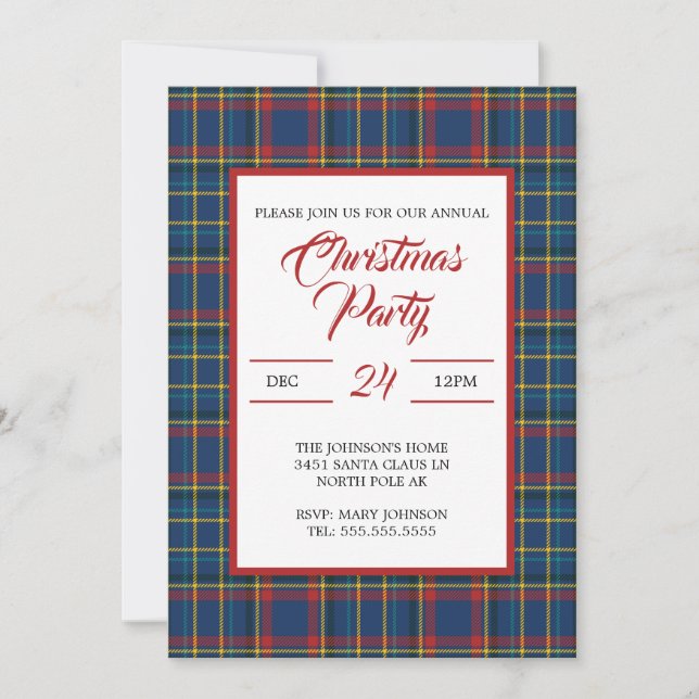Royal Blue Plaid Design, red, turquoise stripes Invitation (Front)