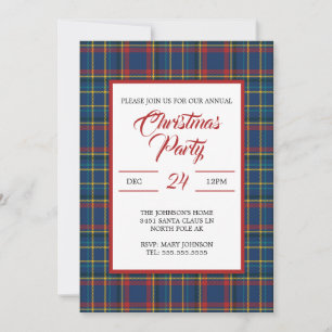 Royal Blue Plaid Design, red, turquoise stripes Invitation