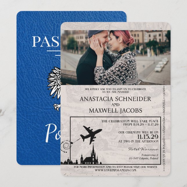 Royal Blue Poland Passport Wedding Invitation (Front/Back)