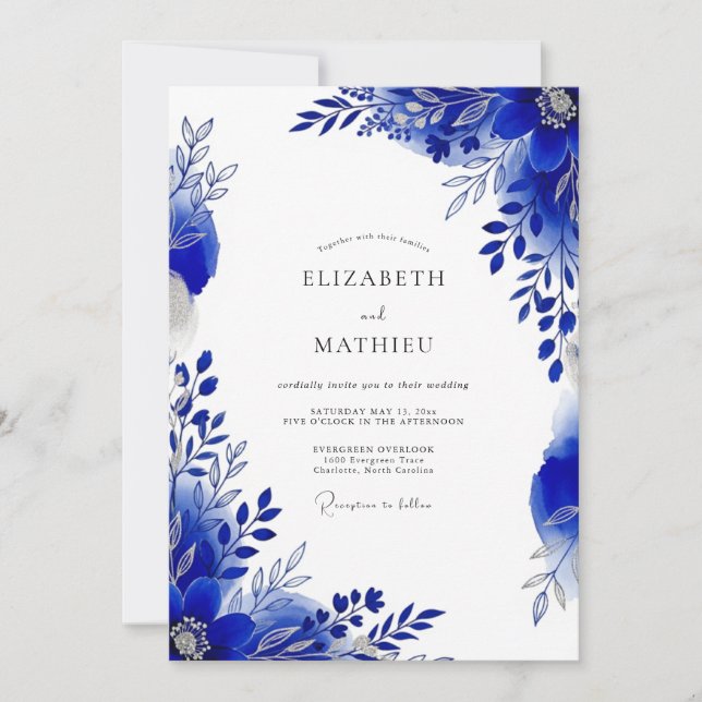 Royal Blue Polished Botanical Wedding Invitation (Front)