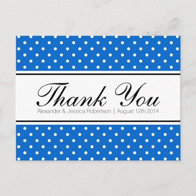 Royal blue polka dot wedding thank you postcards (Front)