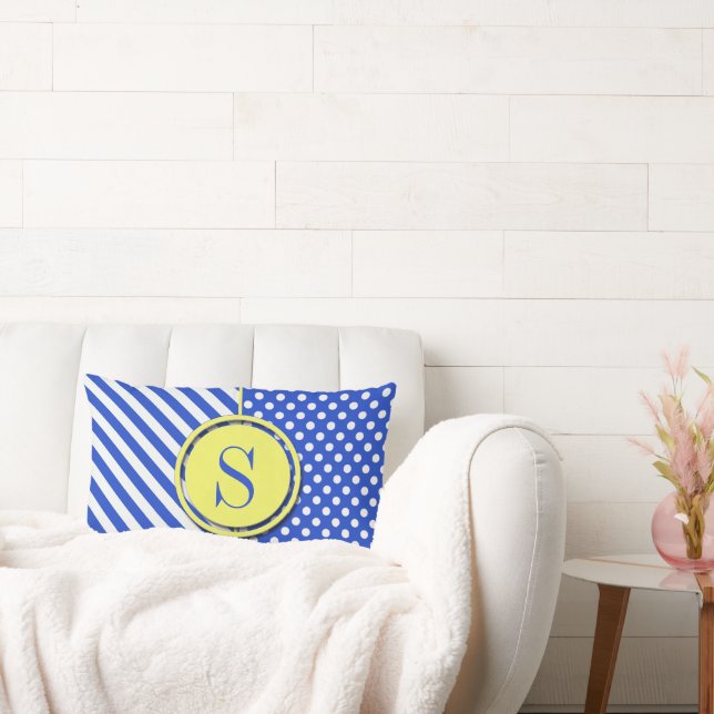 Royal Blue Polka Dots and Stripes-Monogram STaylor Lumbar Cushion (Couch)