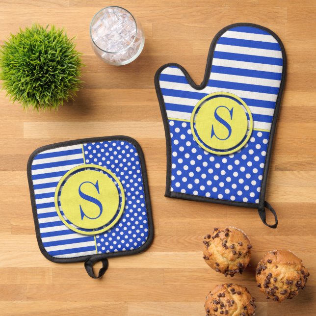 Royal Blue Polka Dots and Stripes-Monogram STaylor Oven Mitt & Pot Holder Set (Top Down)