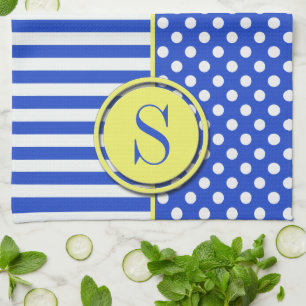 Royal Blue Polka Dots and Stripes-Monogram STaylor Tea Towel