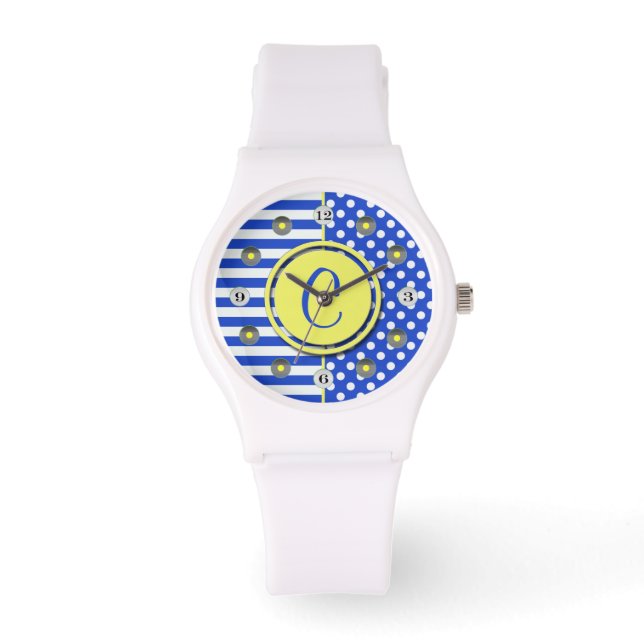 Royal Blue Polka Dots and Stripes-Monogram STaylor Watch (Front)