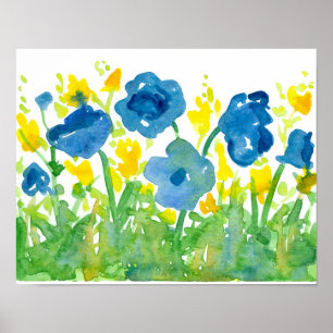 Royal Blue Poppies Yellow Wildflowers Watercolor Poster