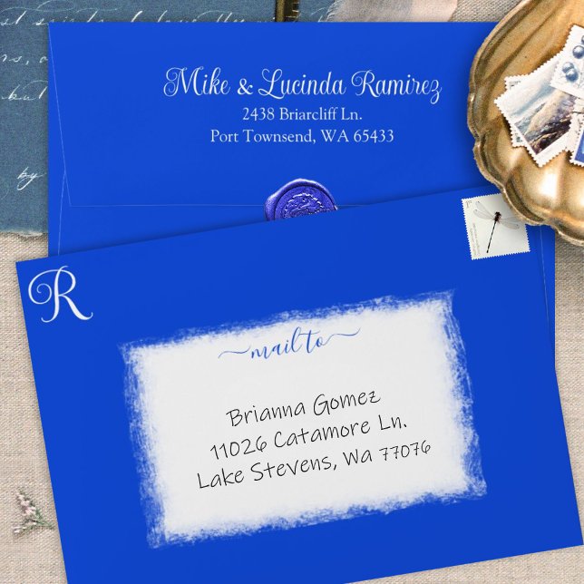Royal Blue Pre-addressed 5x7 Monogram Quinceanera Envelope (elegant royal blue quinceanera 5x7 invitation envelopes, monogram return address printed on back )