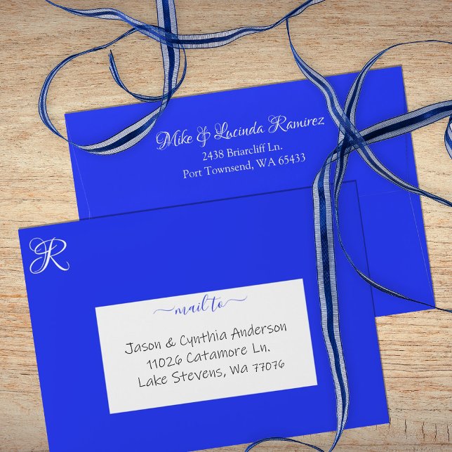 Royal Blue Pre-addressed 5x7 Monogram Quinceanera Envelope (Royal blue 5x7 invitation envelopes with address pre-printed on back flap, elegant blue quinceanera)