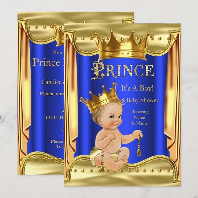 Royal Blue Prince Baby Shower Gold Blonde Boy Invitation (Front/Back)