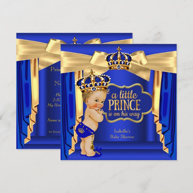 Royal Blue Prince Baby Shower Gold Crown Blonde Invitation (Front/Back)