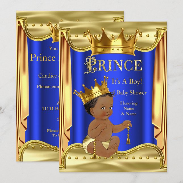 Royal Blue Prince Baby Shower Gold Ethnic Invitation (Front/Back)