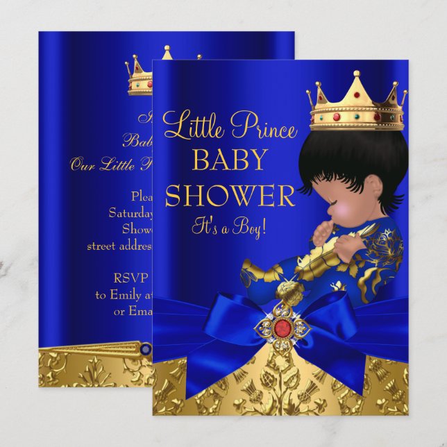 Royal Blue Prince Boy Baby Shower African American Invitation (Front/Back)