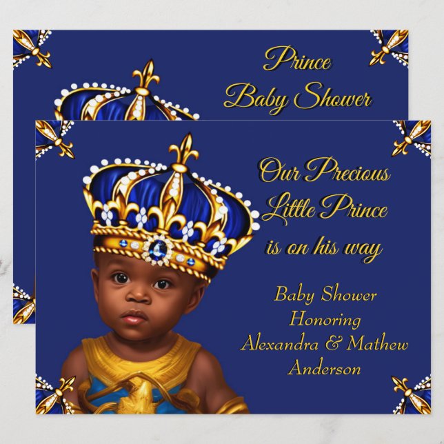 Royal Blue Prince Boy Baby Shower Gold Ethnic Invitation (Front/Back)