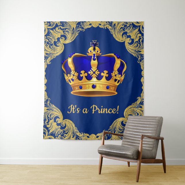 Royal Blue Prince Crown Baby Shower Backdrop Tapestry (In Situ)