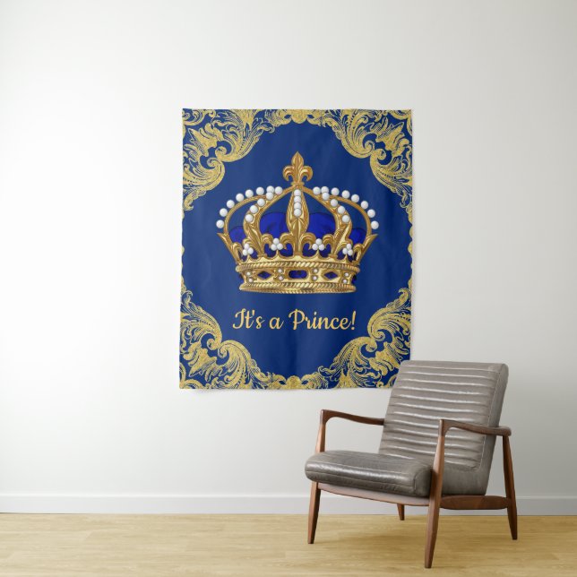 Royal Blue Prince Crown Baby Shower Backdrop Tapestry (In Situ)