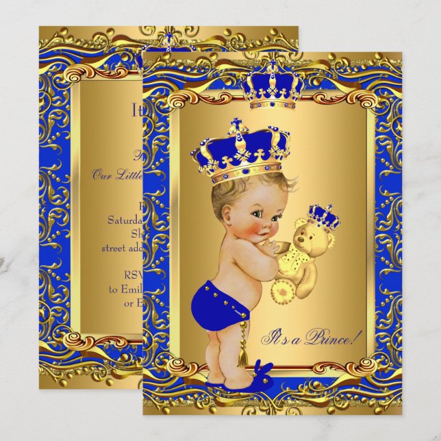 Royal Blue Prince Crown Baby Shower Bear Blonde Invitation (Front/Back)