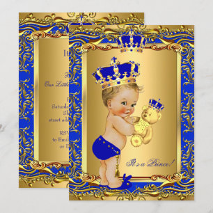Royal Blue Prince Crown Baby Shower Bear Blonde Invitation