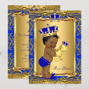 Royal Blue Prince Crown Baby Shower Bear Ethnic Invitation