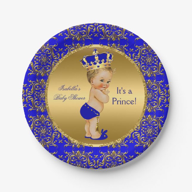 Royal Blue Prince Crown Baby Shower Blonde Boy Paper Plate (Front)