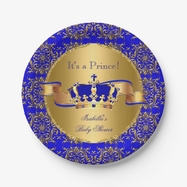 Royal Blue Prince Crown Baby Shower Boy Paper Plate (Front)