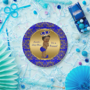 Royal Blue Prince Crown Baby Shower Ethnic Paper Plate