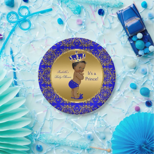 Royal Blue Prince Crown Baby Shower Ethnic Paper Plate (Party)