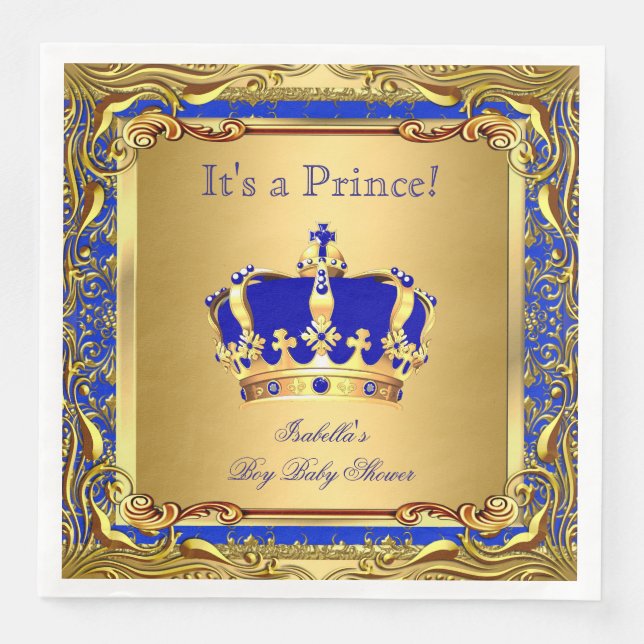 Royal Blue Prince Gold Crown Baby Shower Boy Napkin (Front)