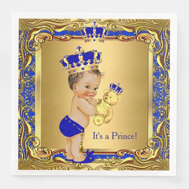 Royal Blue Prince Gold Crown Baby Shower Brunette Napkin (Front)