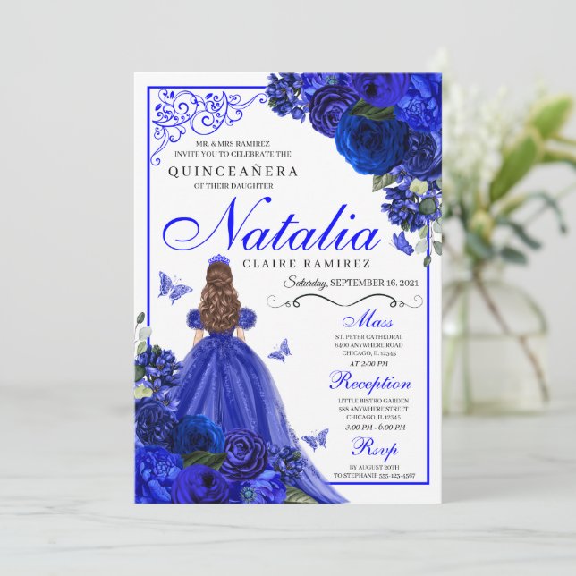 Royal Blue Princess & Butterflies Quinceañera Invitation (Standing Front)