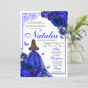 Royal Blue Princess & Butterflies Quinceañera Invitation