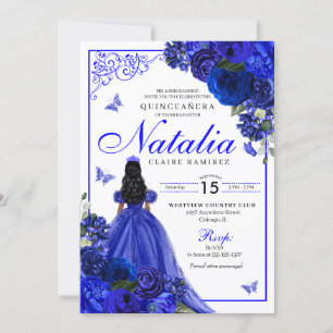 Royal Blue Princess & Butterflies Quinceañera Invitation