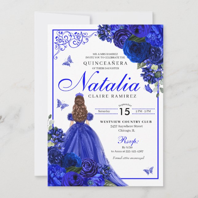 Royal Blue Princess & Butterflies Quinceañera Invitation (Front)