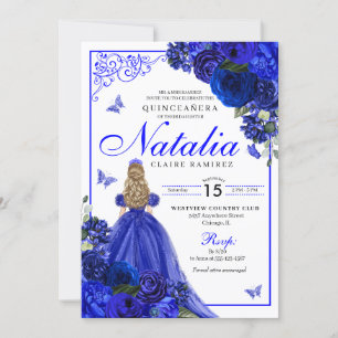 Royal Blue Princess & Butterflies Quinceañera Invitation