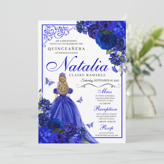 Royal Blue Princess & Butterflies Quinceañera Invitation (Standing Front)