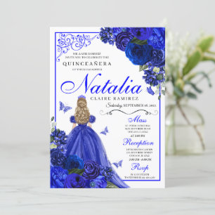Royal Blue Princess & Butterflies Quinceañera Invitation