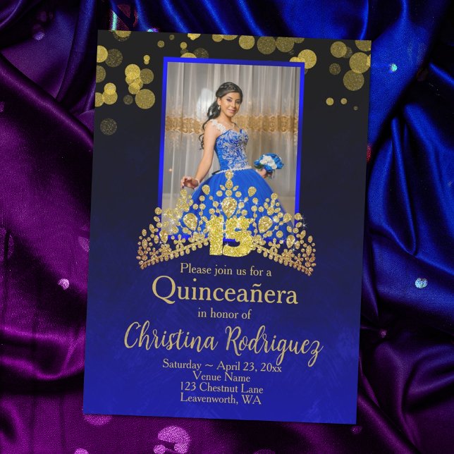 Royal Blue Princess Dress Quinceanera Gold Tiara Invitation (elegant royal blue and gold quinceanera invitations with gold crown and gold number 15)