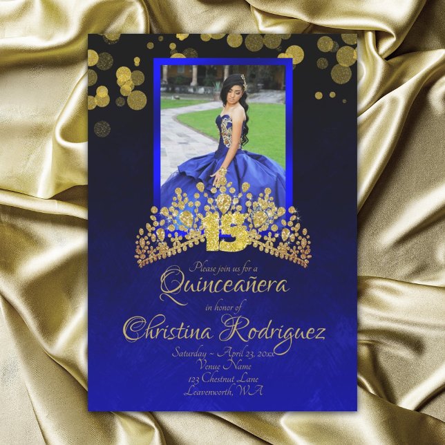 Royal Blue Princess Dress Quinceanera Gold Tiara Invitation (blue and gold mis quince 15 quinceanera invitations with gold tiara and gold glitter 15)
