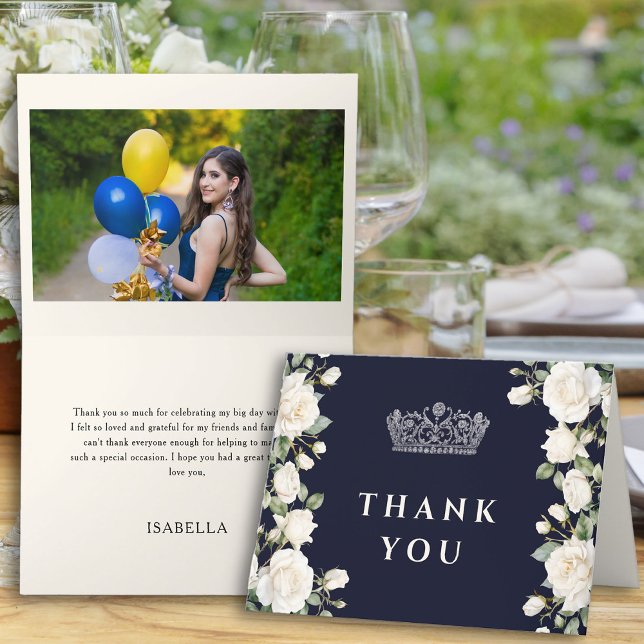 Royal Blue Princess Dress Tiara Quinceanera Photo Thank You Card (Photo thank you card from the Princess Dress and Roses Quinceanera collection by Darling & May)