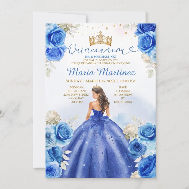 Royal Blue Princess Floral Gold Crown Quinceañera Invitation (Front)