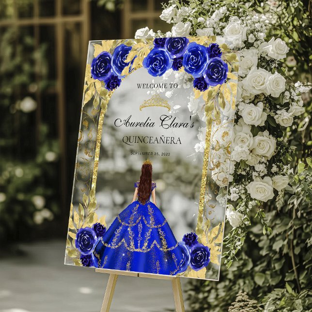 Royal Blue Princess Floral Quinceañera Birthday Acrylic Sign (Creator Uploaded)