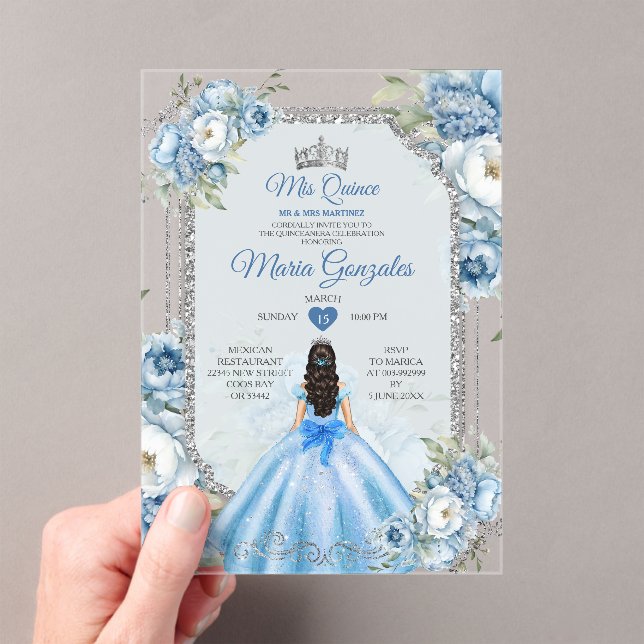 Royal Blue Princess Floral Silver Crown Mis Quince Acrylic Invitations (Insitu (Handheld))
