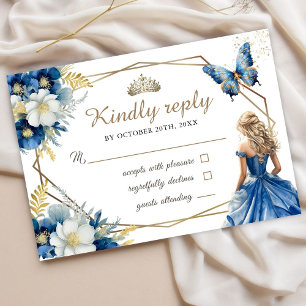 Royal Blue Princess Floral Sweet 16 Rsvp Cards