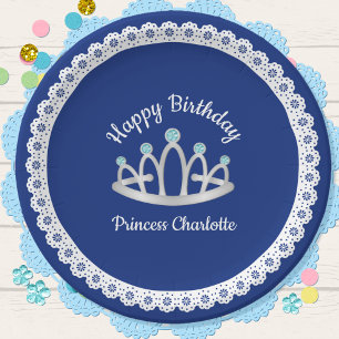 Royal Blue Princess Tiara Birthday Paper Plate