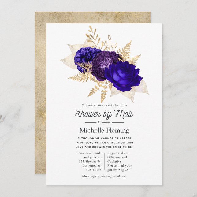 Royal Blue, Purple and Gold Bridal Shower by Mail Invitation (Front/Back)