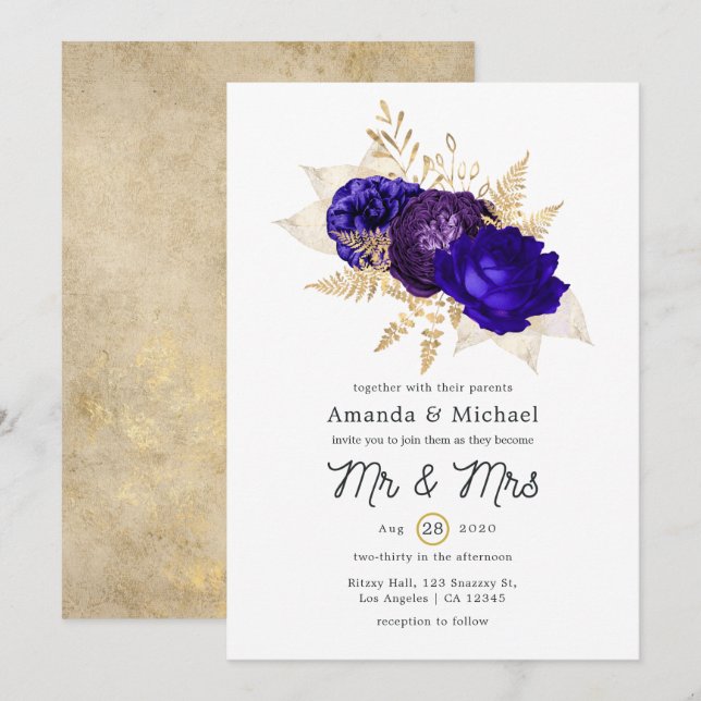 Royal Blue, Purple and Gold Floral Wedding Invitation (Front/Back)